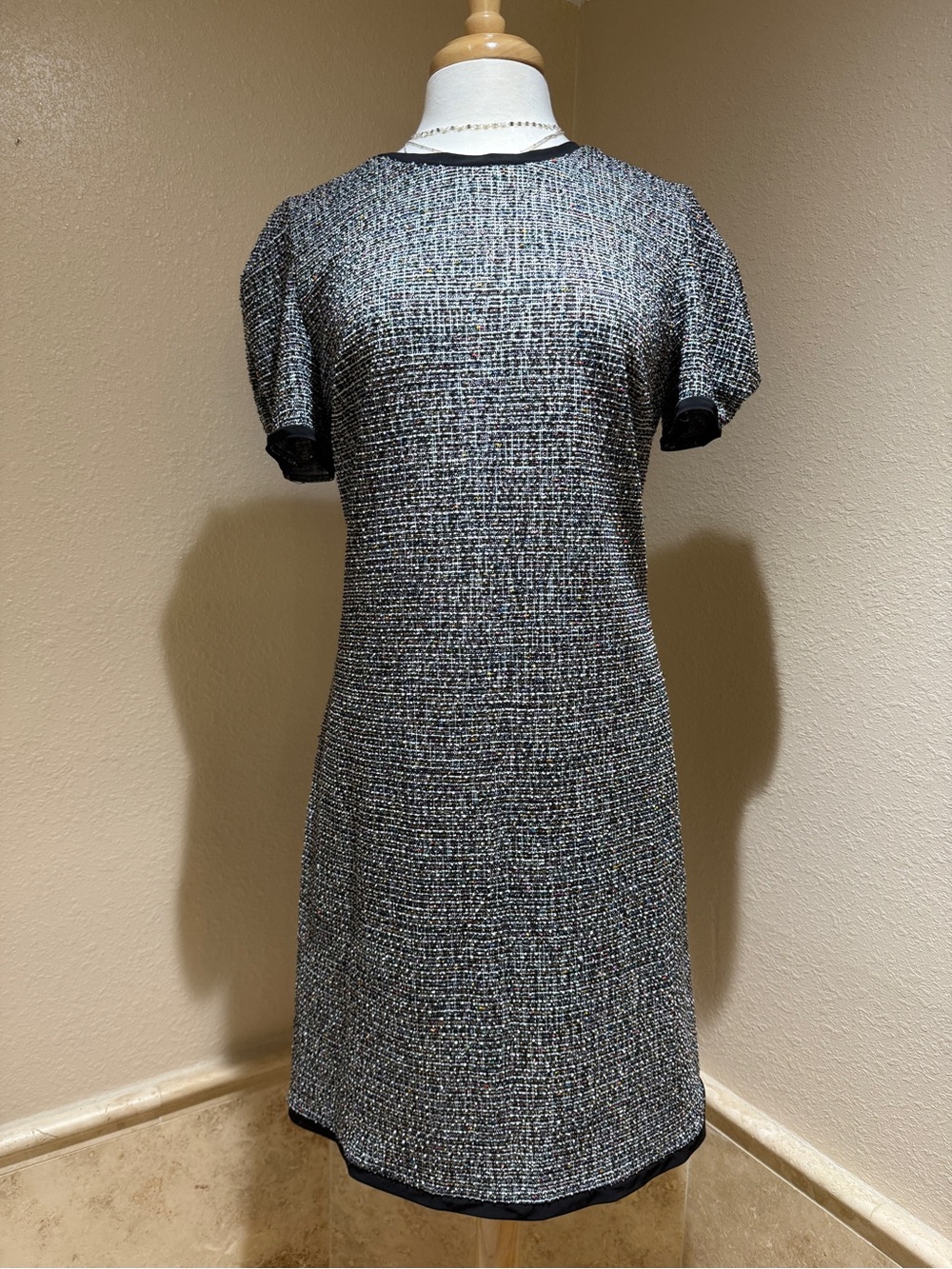 Black & White Tweed Short-Sleeve Midi Dress